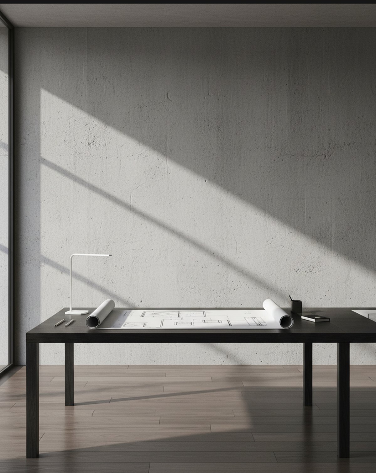 Drafting table with rolled blueprints in a concrete studio